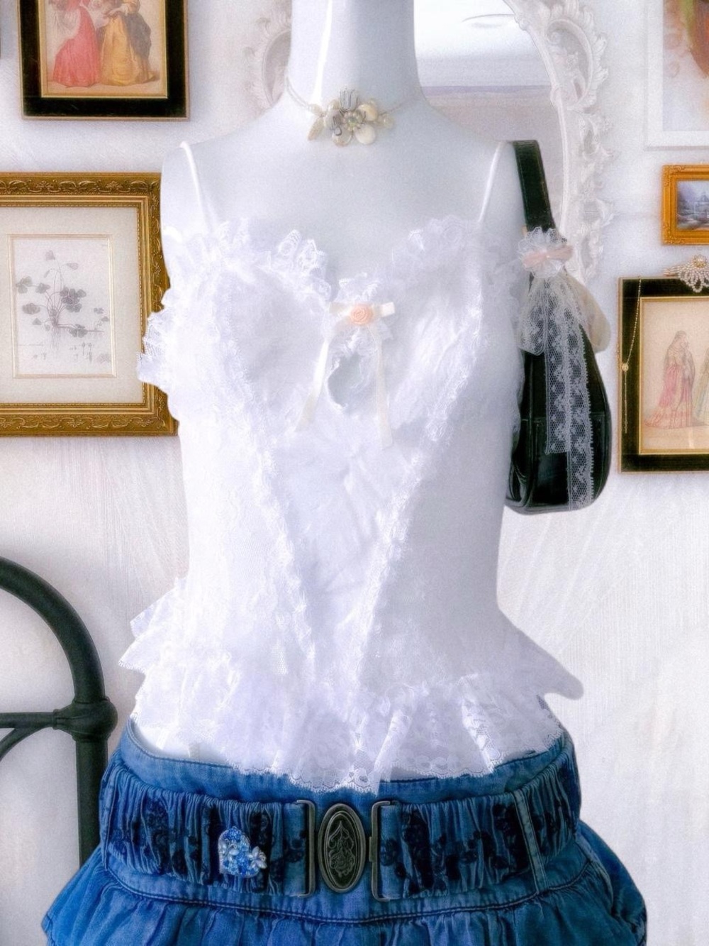 Y2K coquette rosette lace white lingerie top
